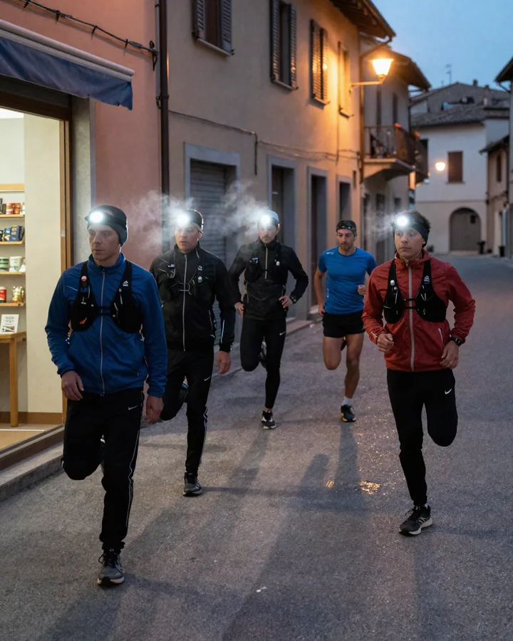 Gruppo di corridori davanti alla vetrina del negozio all'alba