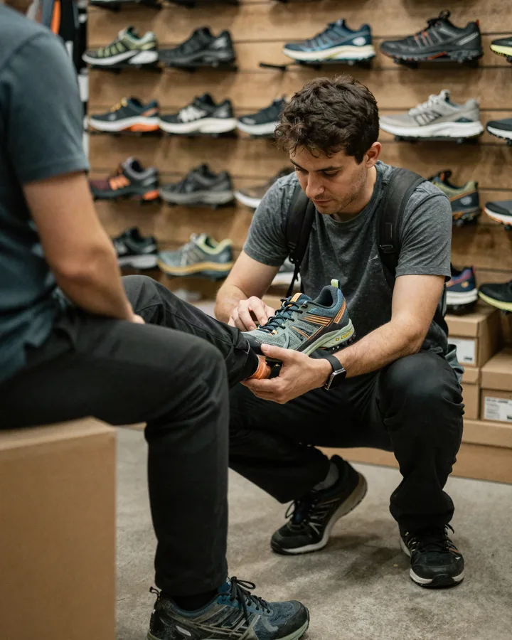 Commesso inginocchiato che controlla la calzata di una scarpa da trail a un cliente seduto