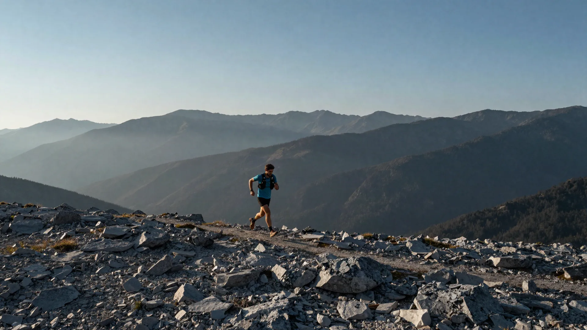 Un corridore su un sentiero di cresta all'alba, con le valli nella foschia