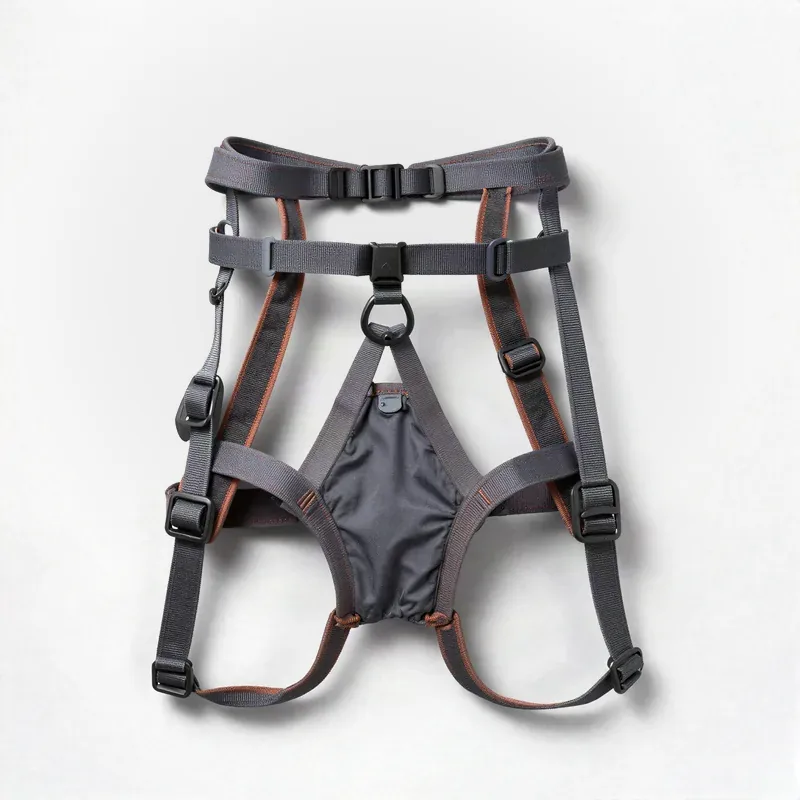 Imbrago da arrampicata grigio con cuciture arancioni, disteso e aperto