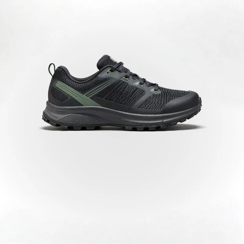 Scarpa da trail nera leggera con inserti verde muschio, vista di profilo